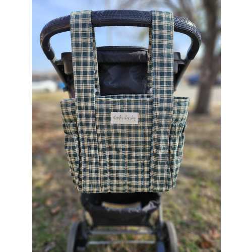 Green Plaid Quilted Stroller Bag Organizer • Handmade Pram Caddy • Slip Pockets • Zipper Closure