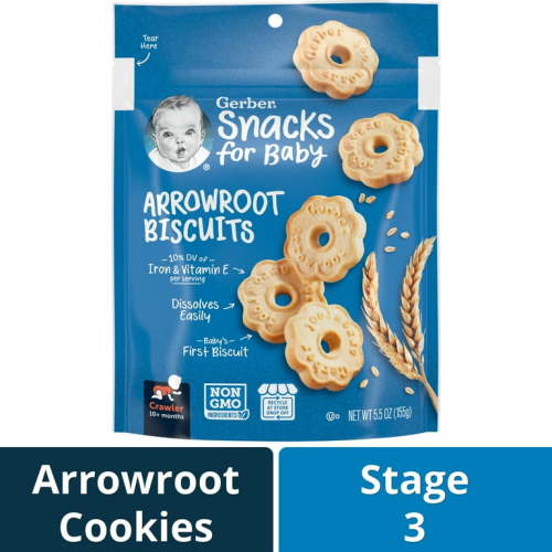 Gerber Stage 3 Baby Snacks Arrowroot Cookie Biscuits, 5.5 oz Bag