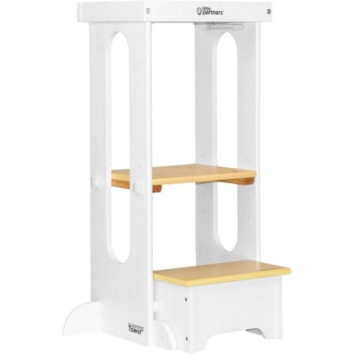 Little Partners Foldable Toddler Tower, Learning Tower Explore 'N Store Montessori Standing Kitchen Tower with Folding Step Stool Platform for Cooking and Learning, Ages 2+ (White w/Natural)