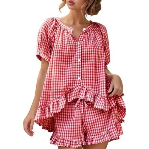 Wyeysyt Womens Gingham Pajamas Set 2 Piece Cotton Pj Sets Ruffle Babydoll Shirt and Plaid Shorts