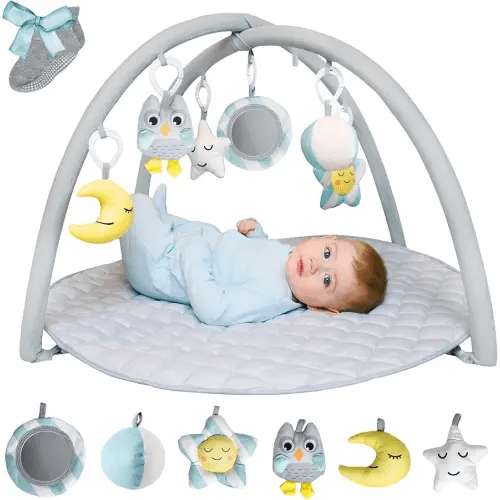 6-in-1 Tummy Time Mat with Grip Socks| Washable Baby Gym Play Mat & Activity Center, Anti-Slip, Detachable Toys for Sensory and Motor Skill Development (0–18 Months)