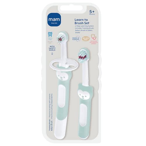 MAM Learn to Brush Set (1 Baby's Brush Toothbrush, 1 Training Brush, 1 Safety Shield), Baby Toothbrushes with Brushy The Bear, Interactive App, for Boys 5+ Months, Blue