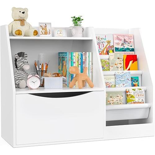 TOETOL 2 Tier Kids Bookshelf and Book Storage，4 Sling Toddler Bookshelf, Storage Boxes Book Shelf & Organizer for Nursery Playroom Classroom Library Bedroom White
