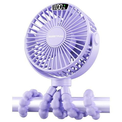 SWEETFULL Portable Stroller Fan with Display 4000mAh Battery Powered Mini Clip On Fan, 4-Speed Rechargeable Small Personal Cooling for Baby Car Seat Crib Travel - Purple