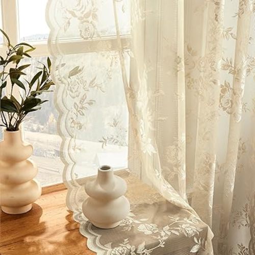 Beige Lace Curtains 45 Inch Length Country Floral Curtains for Living Room Bedroom Victorian Flower Sheer Curtain 2 Panels Set Rod Pocket Light Filtering Short Small Window Drapes Rustic Decor, 52x45