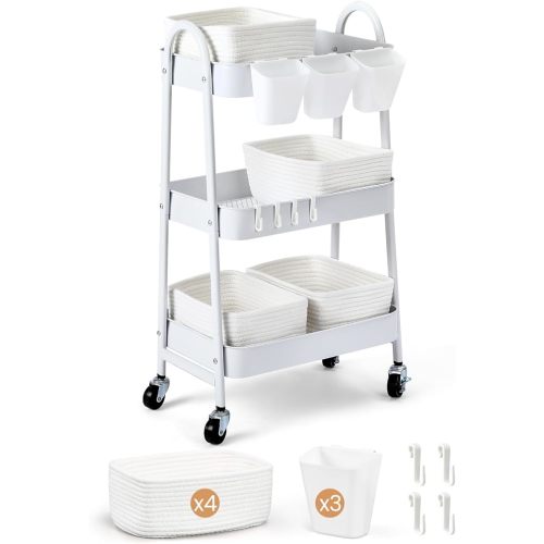 3-Tier Rolling Utility Cart with 4 Woven Baskets, Diaper Book Snack Cart, Storage Organizer for Nursery, Kitchen, Craft Room, Home SPA, Living Room, Metal Frame Trolley on Lockable Wheels, Brown