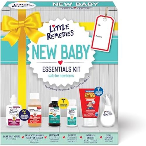 Little Remedies New Baby Essentials Kit with Saline Nasal Spray, Diaper Rash Cream, Gas Relief Drops, Gripe Water & More, Safe for Newborns, Multi-Color