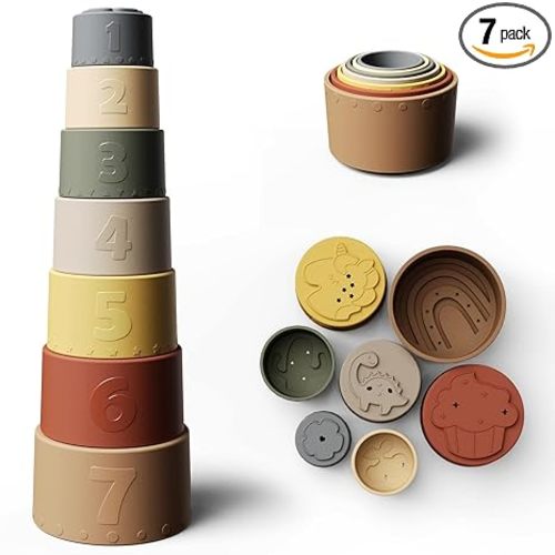 Moonkie Stacking Cups Toy, Fun Educational Baby Toys Silicone Soft Teething Toy, Age 6+ Months, 7 Piece Set