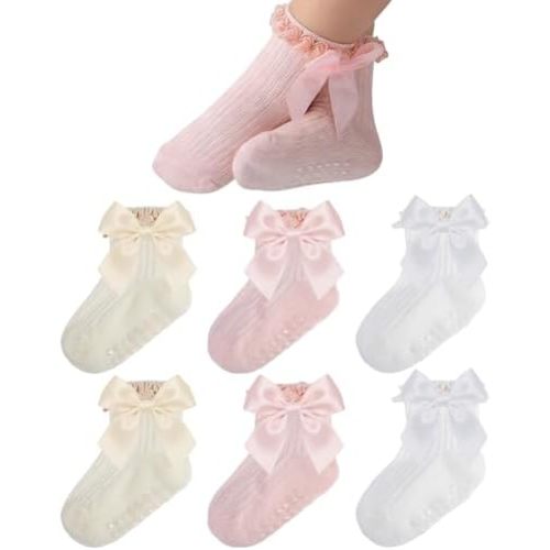 Baby Girl Non Slip Grip Socks with Bows Soft Cotton Toddler Girl Socks with Full Sole Grips Newborn Infant Toddler