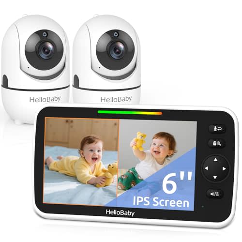 HelloBaby Baby Monitor 2 Cameras, 6'' World First IPS Split-Screen 30H Battery, No WiFi 2-Way Audio, Video, VOX, Double Cameras Pan-Tilt-Zoom, Night Vision, 8 Lullabies, 1000ft for Twins