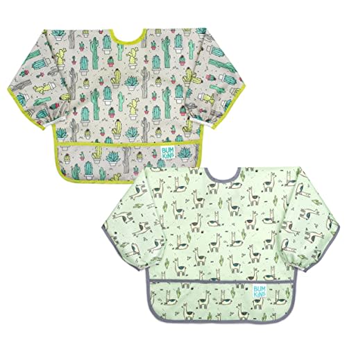 Bumkins - Sleeved Bib - For Boys & Girls, Babies & Toddlers 6-24 Months - Lightweight, Durable, Waterproof - Long Sleeve Bib - Catch-All Pocket - Wipeable & Machine Washable - Cactus & Llama - 2 Pack
