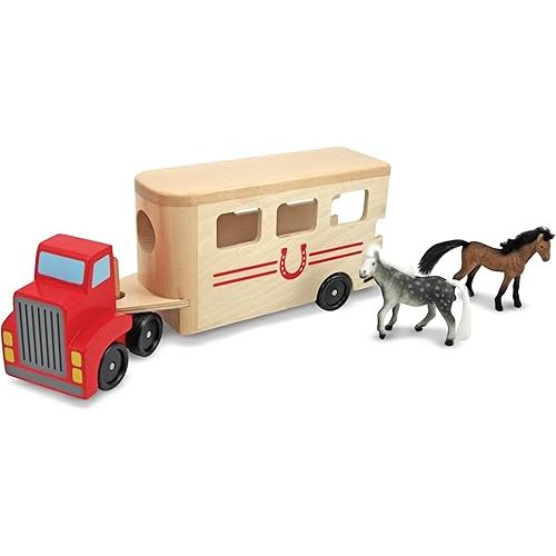 Melissa & Doug Horse Carrier Wooden Vehicle Play Set with 2 Flocked Horses and Pull-Down Ramp