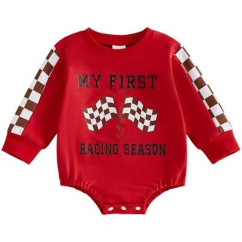 3-6 MONTHS - KMBANGI My First Racing Season Outfit Baby Race Car Checkered Flag Romper