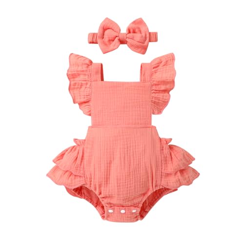 Happy Town Baby Girl Clothes Toddler Summer Linen Romper Sleeveless Ruffle Outfits Infant Girls Jumpsuit with Headband