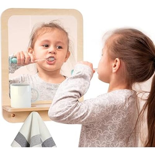 Wooden and Acrylic Wall Mirror for Kids with Hooks and Shelf, Baby Safety Shatterproof Entryway Acrylic Wall Mirror, Unbreakable Wood Frame Toddler Mirror for Home Playroom Classroom Bathroom