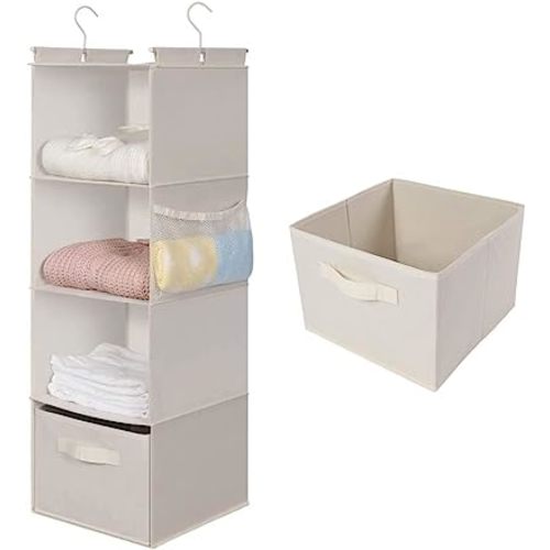 MAX Houser 4-Shelf Hanging Closet Organizer, Space Saver, Cloth Hanging Shelves with 2 Side Pockets, Foldable (Beige)