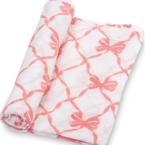 LollyBanks Baby Blankets, 100% Muslin Cotton Swaddle Blanket for Girls, Soft and Large 47 x 47 Inches Newborn Swaddle, Breathable Baby Receiving Blankets, Registry (Pink Bow Print)