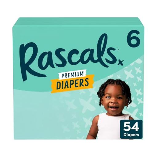 Rascals Disposable Baby Diapers Size 6 (54 Count), Absorbent Core, Up to 12 Hours Leak Protection, Gentle on Skin, Secure Fit, Soft Comfort