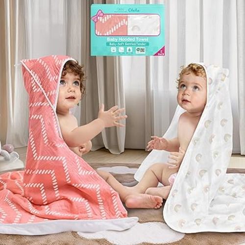 VOOVA & MOVAS 2Pack Hooded Baby Towels - 100% Muslin Cotton,450GSM, 32x32 Inches,0-24Months, Super Absorbent Large Bath Towel with Hood for Newborn,Toddler,Infant, Pink Geometry & Rainbow Patten