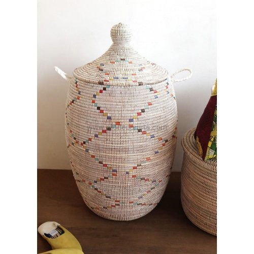 White Laundry Basket with Lid – Handwoven, Multi-Color Pattern / Toy Basket with lid