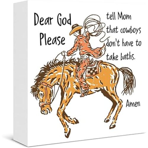 Cowboy Bathroom Decor Western Cowboy Christian Rustic Wooden Box Sign for Toddler Boys Bathroom Shelf Wall Decor
