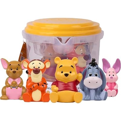 Disney Winnie The Pooh - 5 Piece Jumbo Squirter Bucket - Bath Toys for Baby and Toddlers - Includes Organizer Bucket - Store Bath Time Water Toys