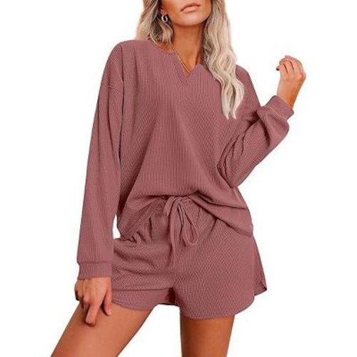 Ekouaer Pajama Set for Women Waffle Knit Lounge Sets Long Sleeve Top and Shorts Sleepwear Matching Loungewear Rose Red XL