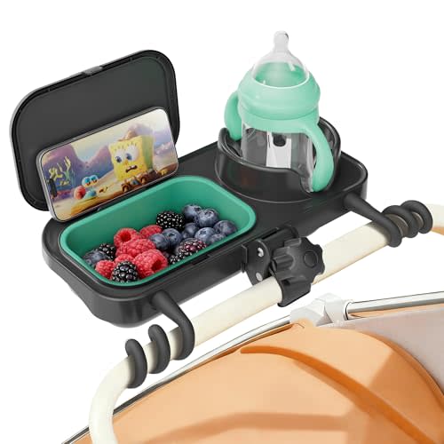 Universal Stroller Snack Tray, Cup Holder & Removable Silicone Tray | Stable Dual-Lock, No-Slip Silicone Arms, Dishwasher Safe, Fits Uppababy/Nuna/Mockingbird, Secure Grip for 0.4”-1.5” Bars
