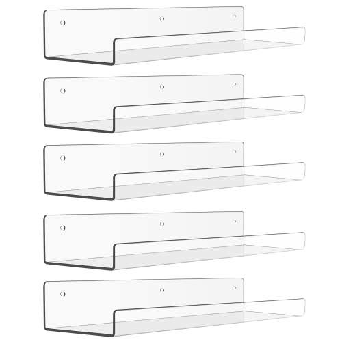 Sindcom 15" Acrylic Floating Shelves Wall Mounted, 5pack Clear Acrylic Shelves, for Bedroom, Living Room, Bathroom, Kitchen