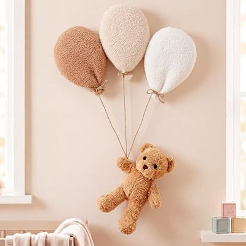 Teddy Bear Nursery Wall Decor Boho Nursery Wall Art with Balloon Soft Plush Baby Room Decor Gender Neutral for Bedroom Playroom Decoration