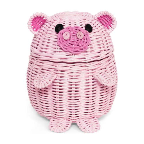 Pig Rattan Storage Basket with Lid Decorative Home Decor Hand Woven Shelf Organizer Cute Handmade Handcrafted Gift Decoration Artwork Wicker Piggy