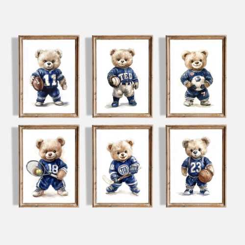 Teddy Bear Sports Nursery Art Prints: Set of 6 (Digital Download)