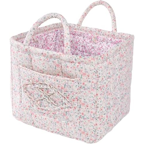 Quilted Fabric Car Storage Basket with Handles & Pocket, Foldable Laundry Hamper Boho Floral Print Organizer Bin for Home, Picnic, Office Nursery Cloth Toy 12"x10"x10" (Style C)