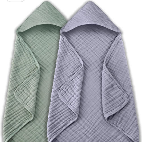 MOON PARK 2 Pack Muslin Hooded Baby Bath Towels for Newborns, Infants, Toddlers - 100% Cotton - Large 32x32Inch Size - Highly Absorbent and Essential, Green and Grey