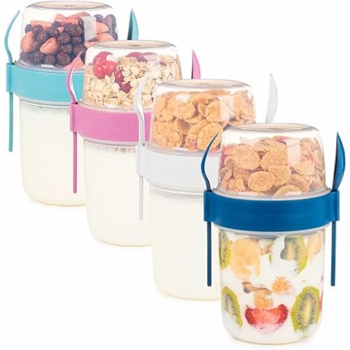 4 Pack On The Go 22 oz Breakfast Cups with Lids and Spoon, Reusable Cereal Yogurt Cup with Topping Plastic Overnight Oats Container for Granola Oatmeal (22 oz - 4 Pack)