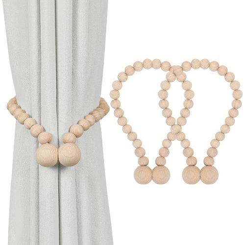Magnetic Curtain Tiebacks, 2 Pack Wood Bead Curtain Holdbacks