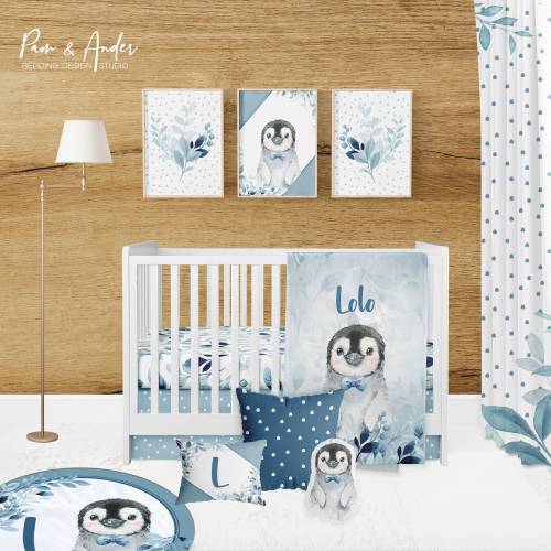 Baby Boy Penguin Crib Bedding Set, Personalized Baby Boy Blanket, Floral Penguin, Penguin Baby Nursery, Crib Sheet, baby bedding