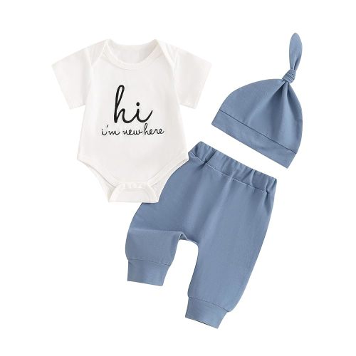 Twopumpkin Newborn Baby Boy Girl Clothes Outfits Short Sleeve Romper Bodysuit Cotton Pants and Hat Coming Home Outfit