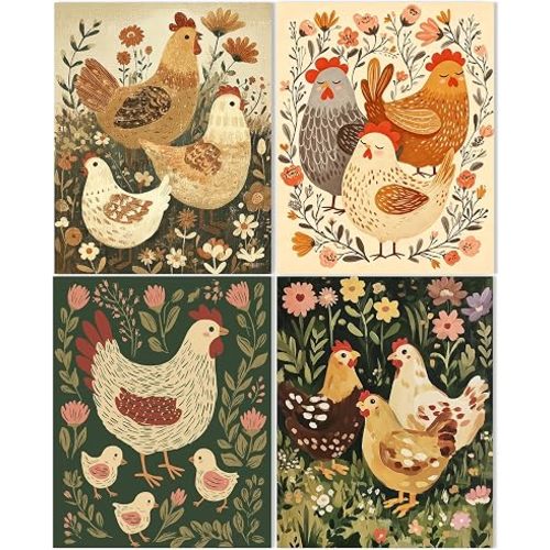 EUYTHNGYF Cottagecore Floral Chicken Wall Art Decor 8x10 Unframed Set of 4, Vintage Cozy Rustic Farmhouse Folk Art Chicken Poster Prints Pictures Wall Decor for Home Bedroom Living Room