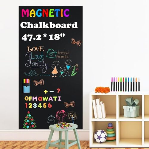 Magnetic Chalkboard Contact Paper for Wall, 47.2" x 18" Self-Adhesive Magnet Wall Sheet with 79 Magnete Letters for Kids and 12 Colors Chalk Markers, Magnetic Wallpaper Stickers, Chalk Board