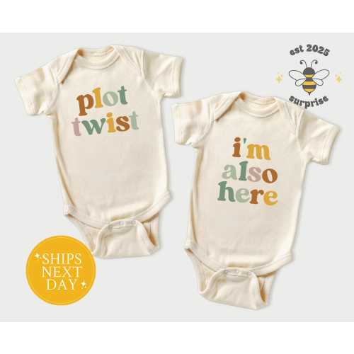 Twin Baby Bodysuit Set – Plot Twist & I'm Also Here – Funny Matching Natural Onesie® Set – Gender Neutral Newborn Gift