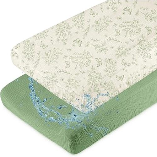 Basumee Muslin Changing Pad Cover Waterproof 2 Pack Baby Changing Table Covers for Boys and Girls Soft Breathable Nursery Diaper Change Table Cover Pad Fits 32"x16", Green Flower