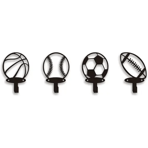 Xedatric 4-Pack Sports Wall Decor – Multi-Theme Coat Hooks for Boys Bedroom, Nursery, Sports Room – Includes 8 Screws, Perfect for Football, Basketball, Baseball, Rugby Fans