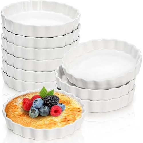 Foraineam 10 Pack 8 oz Creme Brulee Ramekins, 6 Inch Round Fluted Quiche Dishes, Porcelain Pie Pan Shallow Baking Dish Oven Safe for Baking Souffle, Apple Pie, Quiche, Tart