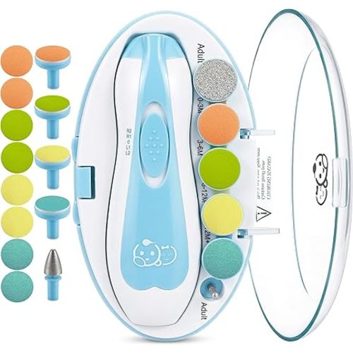 Upgraded 21 in 1 Baby Nail Trimmer with Labeled Case, 13 Extra Replacement Pads, Safe Electric Baby Nail File Kit for Newborns & Toddlers, Whisper Quiet Nail Clipper with LED Light (Blue)