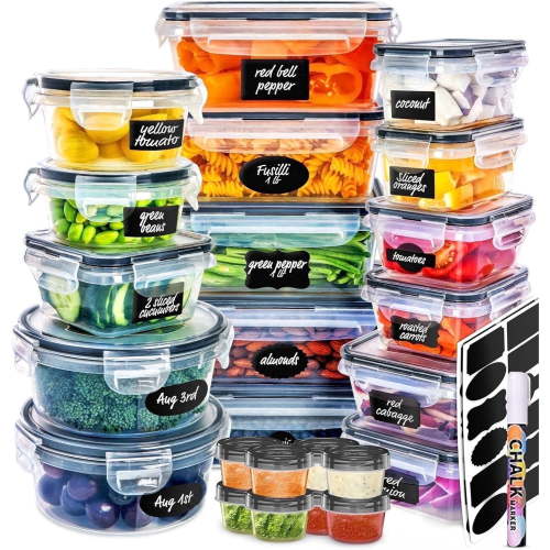 Free Shipping! LVL Food Storage Containers Set 50 Pcs Airtight Plastic Meal Prep with Labels