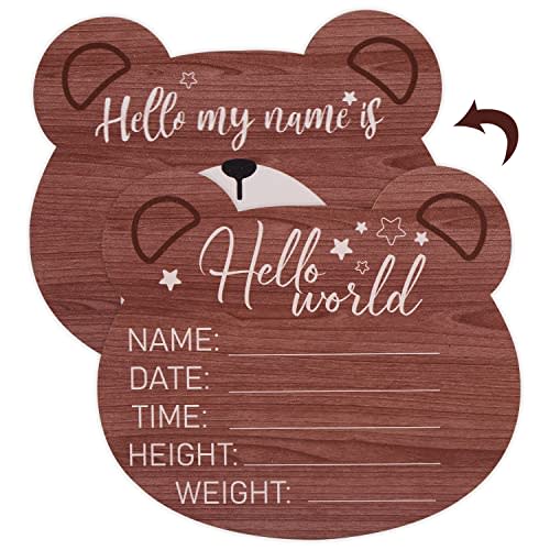 Wooden Baby Announcement Plaque, 5.9 Inch Bear Shape New Baby Sign Welcome Sign Hello World Newborn Sign for Hospital Nursery Photo Prop