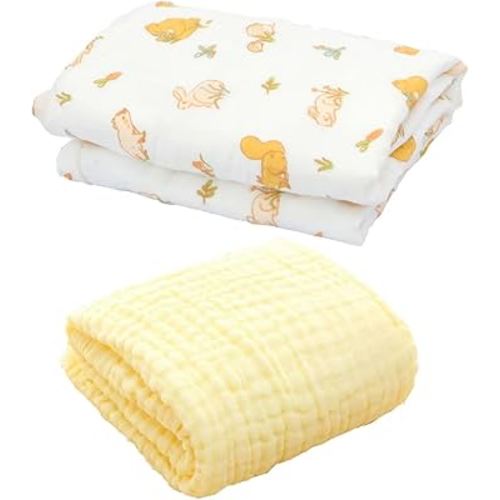 BWinka 2PCS Super Soft 6 Layers Muslin Cotton Newborn Baby/Kids Bath Towels White Also for Baby Blanket(105x105cm) (White+Yellow)
