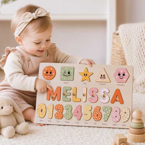 Wooden Name Puzzle, Custom Name Puzzle with Animals & Numbers, Baby Shower Gift