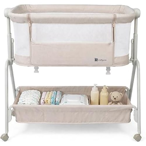 Bedside Bassinet for Baby – Adjustable Height Bedside Sleeper with Full Mesh Sides | 2 Breathable Sheets & Storage Basket | Portable Baby Bassinet for Newborns with Wheels & Bed Attachment